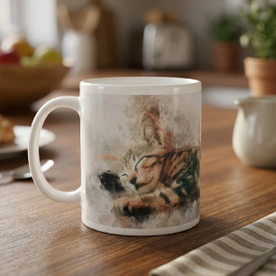 Caneca De Café Belo e bonito gatinho dormindo aquarela
