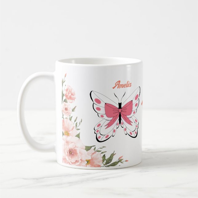 Caneca De Café Belo Flor Rosa Borboletas Nome Monograma (Esquerda)