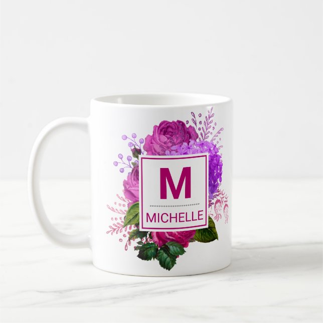 Caneca De Café Belo Monograma de Flores Rosa e Roxo (Esquerda)