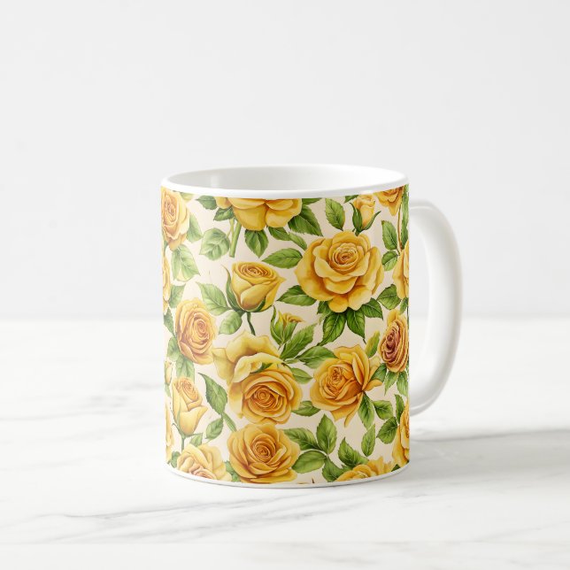 Caneca De Café Belo padrão sem costura de rosas amarelas (Frente Esquerda)