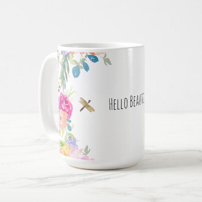 Caneca De Café Belo Pêssego Rosa Dourado Amarelo Floral (Frente Esquerda)