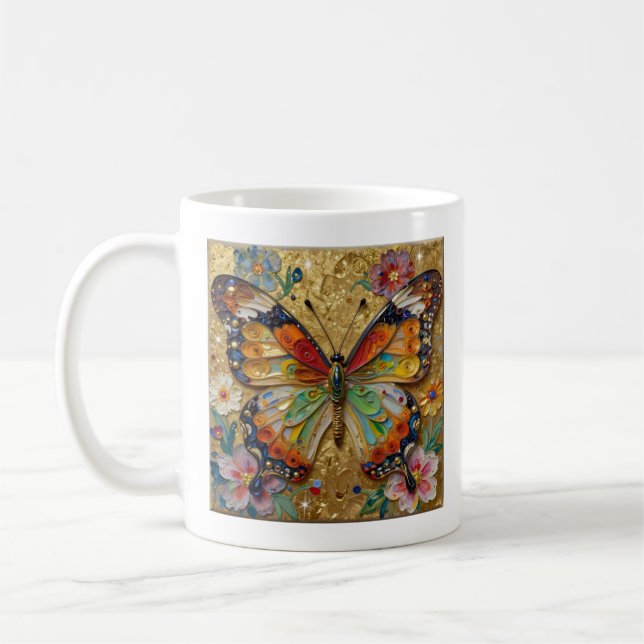 Caneca De Café Belos Borboletas e Flores com Impasto Poema (Esquerda)