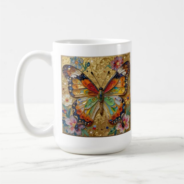 Caneca De Café Belos Borboletas e Flores em Poema com Impasto (Esquerda)