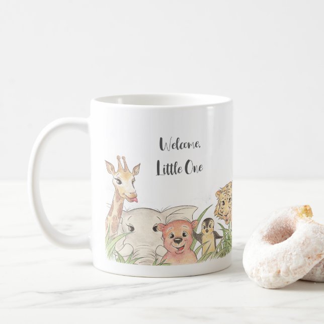 Caneca De Café Bem-vindo Pequeno Safari Bebê Parabéns (Com Donut)