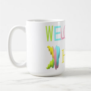 Caneca De Café Bem-vindos ao lar em pinks azuis cor amarela