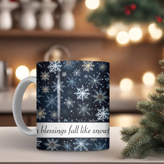 Caneca De Café Bênçãos de Flocos de Neve de Inverno Elegante Blue (Vintage Blue Snowflakes Mug)