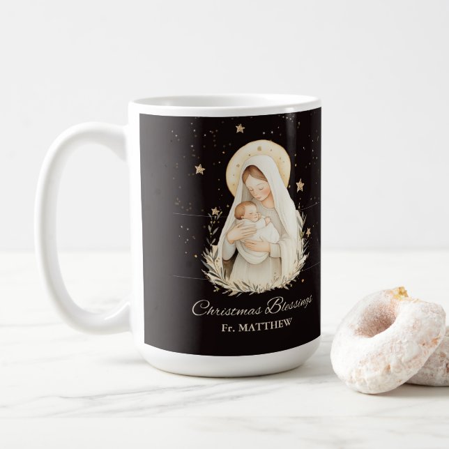 Caneca De Café Bênçãos de Natal do Padre Madonna Menino Preto (Com Donut)
