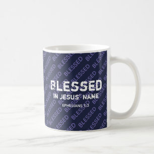 Caneca De Café BÊNDIO EM NOME DE JESUS, Christian Scripting Blue
