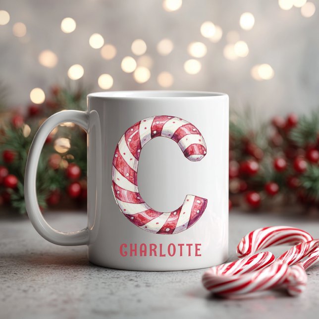 Caneca De Café Bengala de Açúcar Personalizada Monograma Natal C (Personalized Candy Cane Monogram Christmas C Coffee Mug)