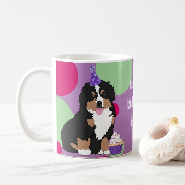 Caneca De Café Bernese Mountain Dog Puppy Aniversário (Com Donut)