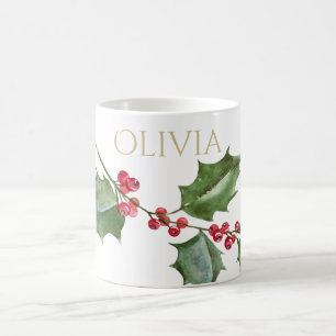 Caneca De Café Berrias Vermelhas e Holly das Aquarelas
