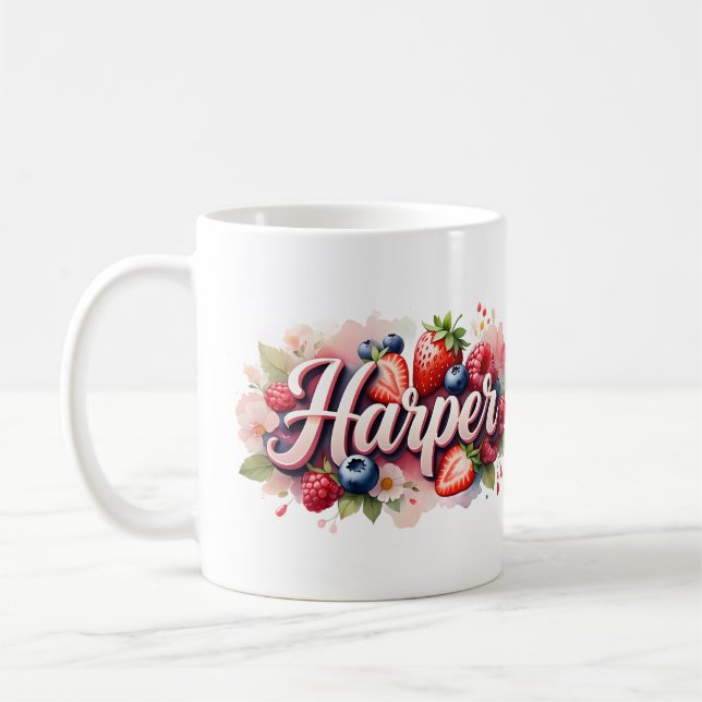 Caneca De Café Berry Floral Name Mug Personalizado - Harper (Esquerda)