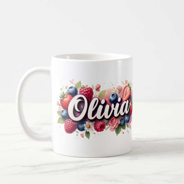 Caneca De Café Berry Floral Nome Personalizado Mug - Olivia (Esquerda)
