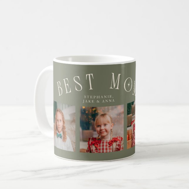 Caneca De Café Best Mom Ever 4-Photo Sage Green Mothers Day  (Frente Esquerda)