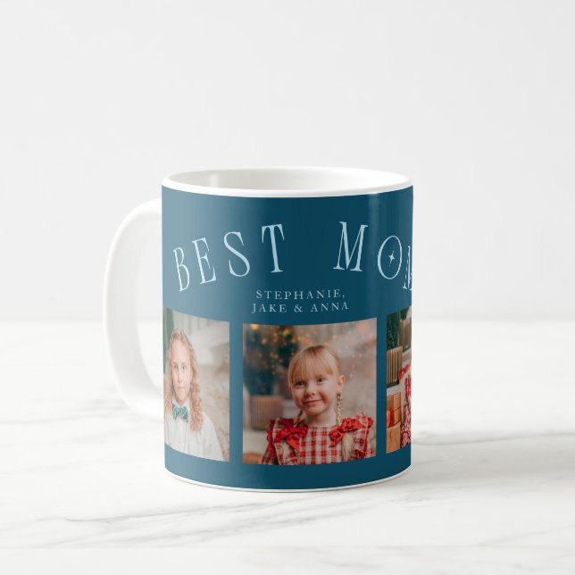 Caneca De Café Best Mom Ever 4-Photo Teal Mothers Day  (Frente Esquerda)