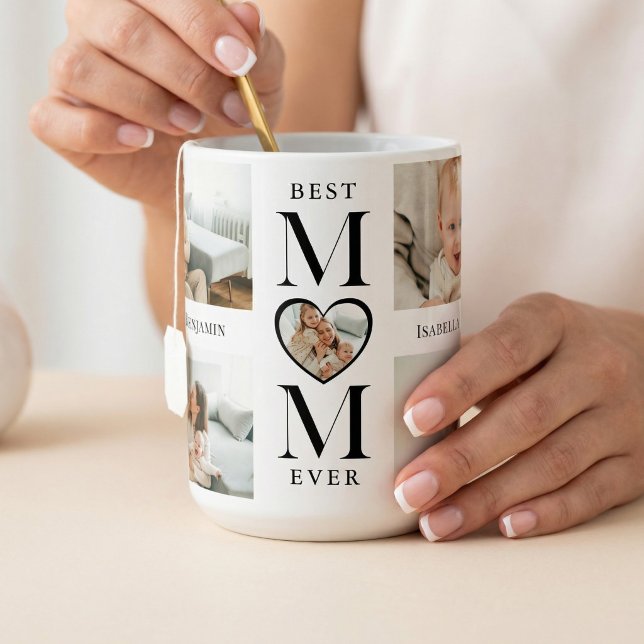 Caneca De Café Best Mom Ever Heart Personalized 5 Photo Collage (Best Mom Ever Heart Personalized 5 Photo Collage Two-Tone Coffee Mug)