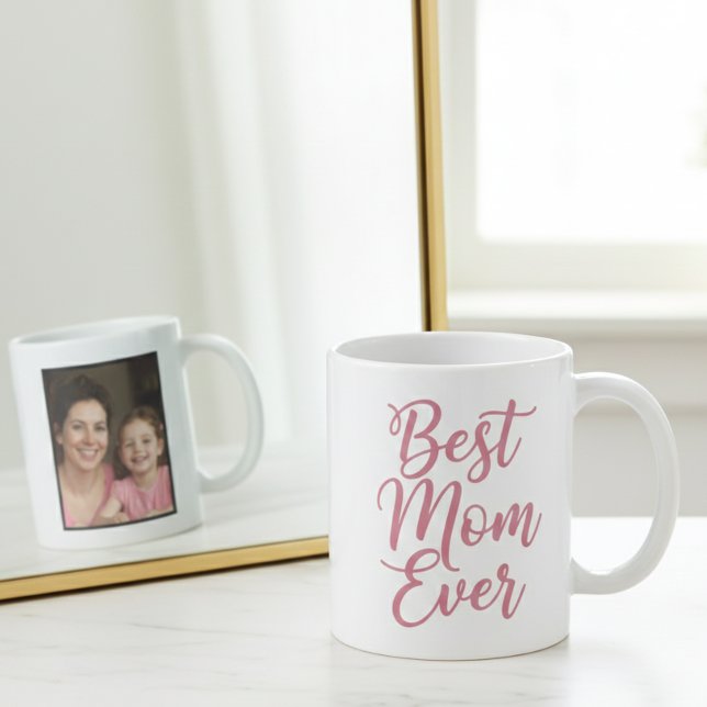 Caneca De Café Best Mom Ever Pink Script 1 Photo Keepsake (Criador carregado)