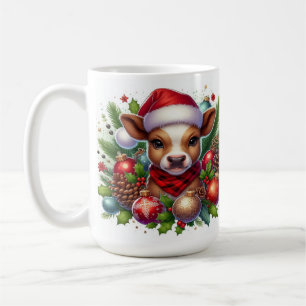 Caneca De Café Bezerro com Chapéu de Papai Noel e Decorações de N