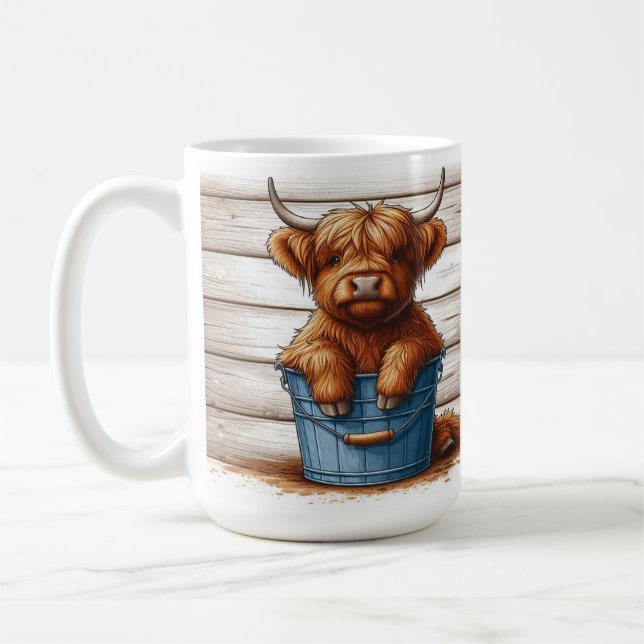 Caneca De Café Bezerro de Vaca das Terras Altas em Balde Azul Con (Esquerda)