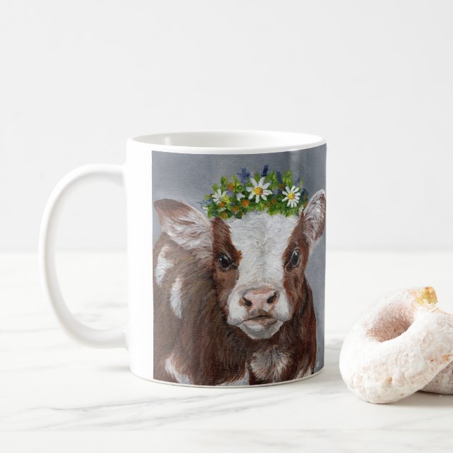 Caneca De Café Bezerro fofo com coroa de flores (Com Donut)