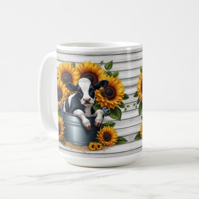 Caneca De Café Bezerro Fofo em Balde de Metal com Girassóis Vibra (Frente Esquerda)
