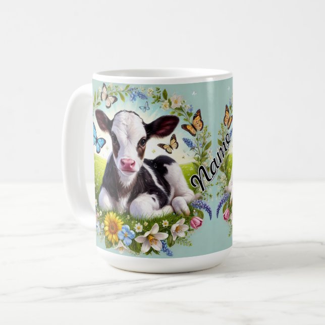 Caneca De Café Bezerro Jovem com Coroa Floral e Borboletas (Frente Esquerda)