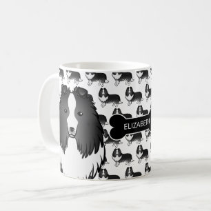 Caneca De Café Bi-Black Cartoon Sheltie Com Dog Bone & Name