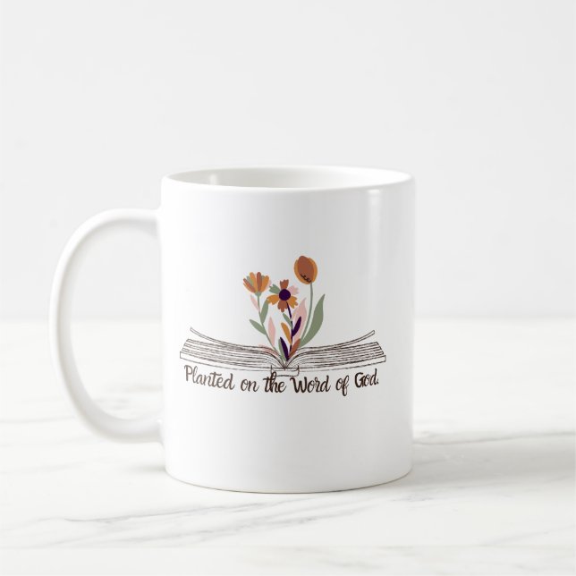 Caneca De Café Bíblia cristã dizendo Plantado na Palavra de Deus (Esquerda)
