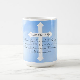 Caneca De Café Bíblia de cura cristã azul-céu Verso Cruz