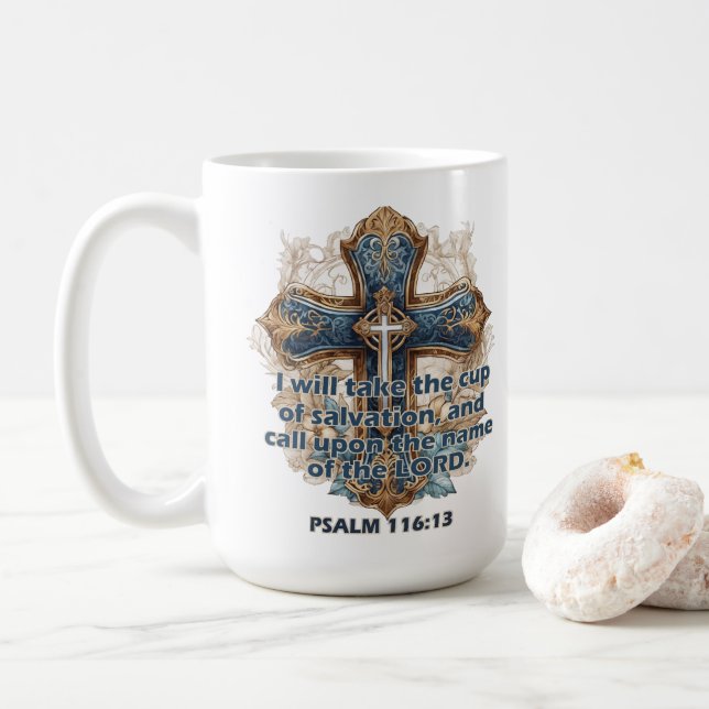 Caneca De Café Bíblia Inspiracional Psalm 116:13 Verso (Com Donut)