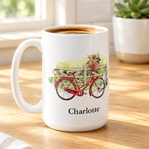 Caneca De Café Bicicleta Vermelha com Flores Aquarela Personaliza