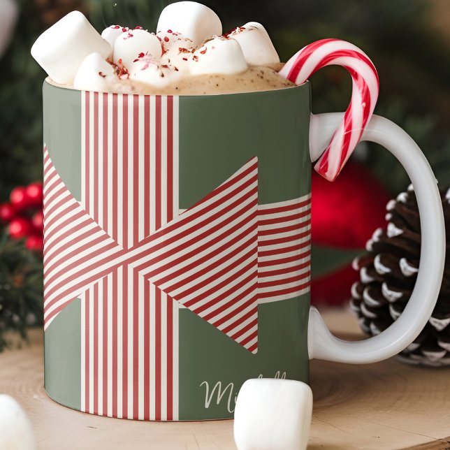 Caneca De Café Big Bow of Striped Ribbon (Bold Holiday Themed Mug with Name)