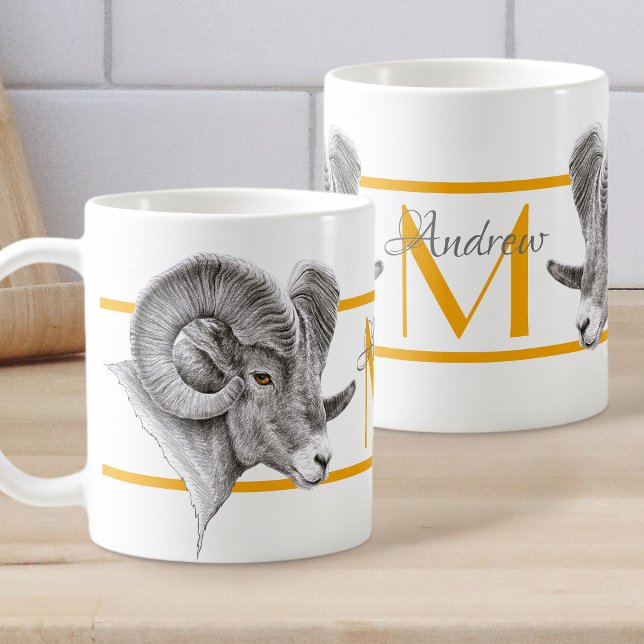 Caneca De Café Bighorn Ram Animal art Aries Sinal Zodilatador Mon (Criador carregado)