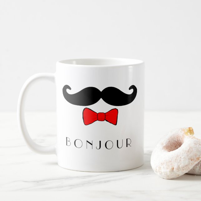 Caneca De Café Bigode de Bonjour e Bowtie vermelho (Com Donut)