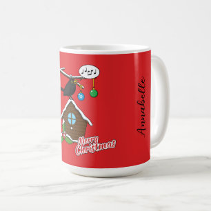 Caneca De Café Bird House Feliz Natal Adicione seu nome