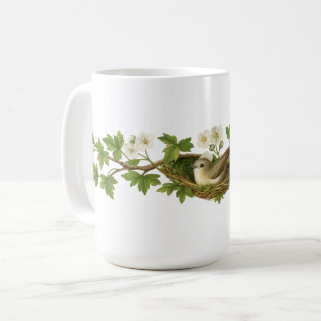 Caneca De Café Bird In Bird Nest On Flowering Branches (Frente Esquerda)