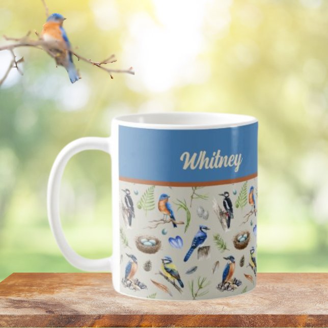 Caneca De Café Bird Pattern Kingfisher, Blue Jay, Woodpecker Name (Criador carregado)
