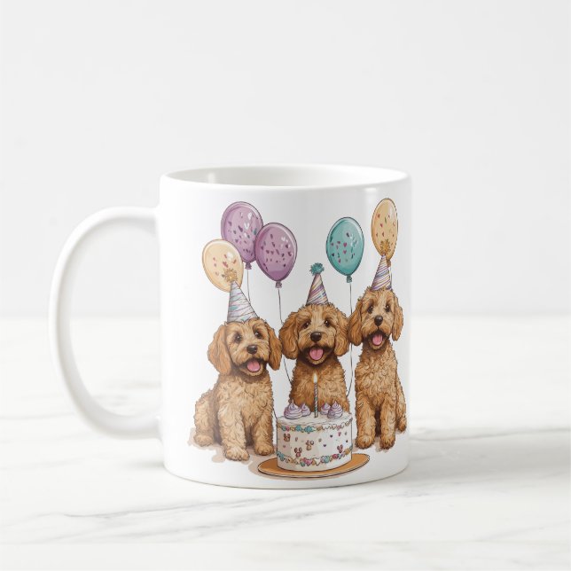 Caneca De Café Birthday Goldendoodle Cães Bolo de Aniversário (Esquerda)