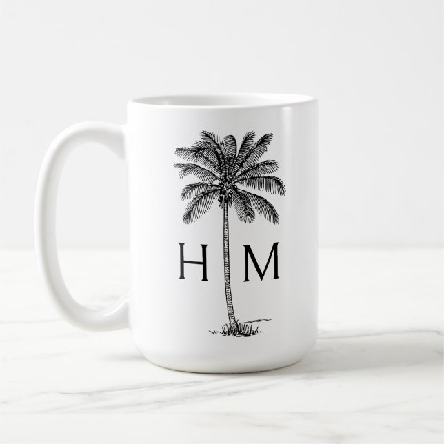 Caneca De Café Black and White Palm Palmetto Tree Monogram (Esquerda)