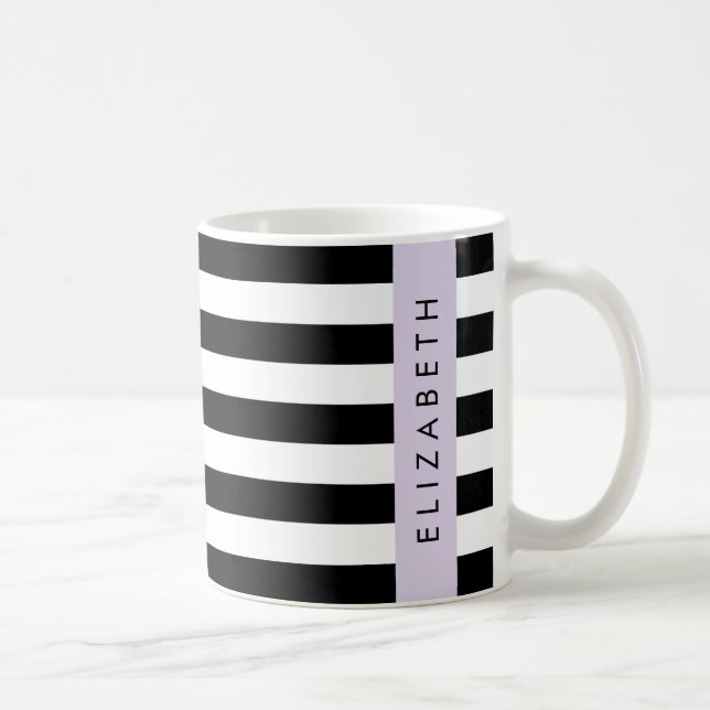 Caneca De Café Black and White Stripes, Stripes, Linhas, Seu Nome (Direita)