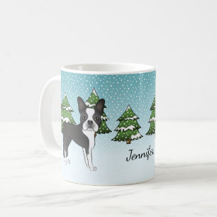 Caneca De Café Black Boston Terrier em uma floresta e nome de inv