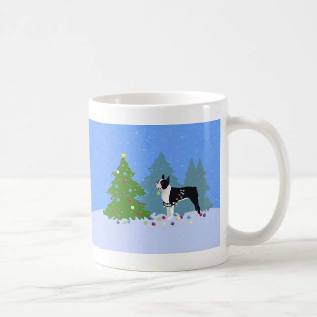 Caneca De Café Black Boston Terrier na Floresta de Natal (Direita)