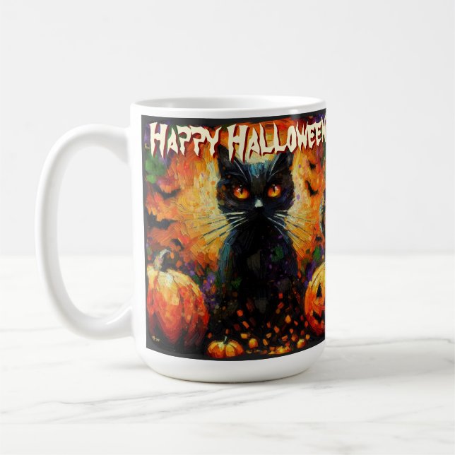 Caneca De Café Black Cat Bats Pumpkins Whimsical Personalized (Esquerda)