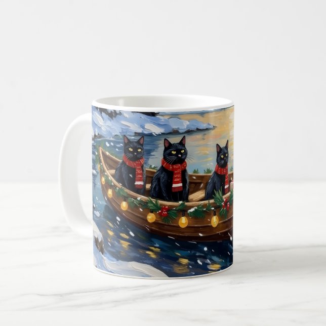 Caneca De Café Black Cat Christmas Boat Holiday (Frente Esquerda)