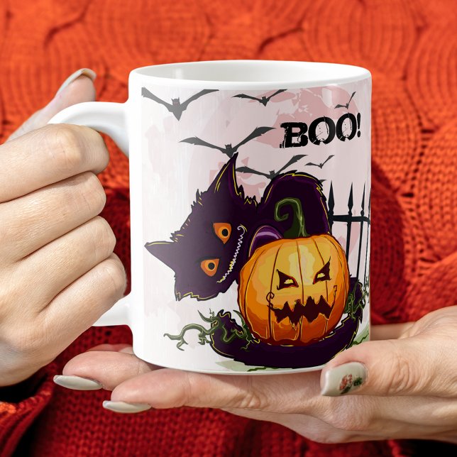 Caneca De Café Black Cat e Jack o' Lanterna Halloween (Criador carregado)