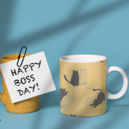 Caneca De Café Black Cats on Mustard with Blue Outlines– Modern 