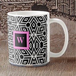 Caneca De Café Black Gray White Cubism Neo Geo with Pink Monogram
