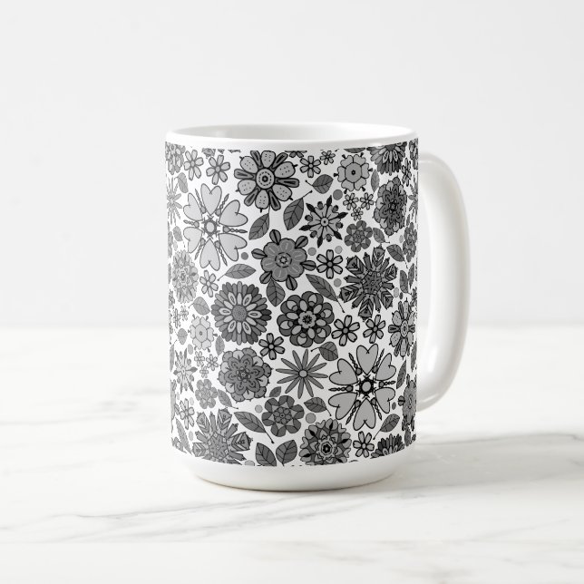 Caneca De Café Black Gray White Retro Floral Art Seamless Pattern (Frente Esquerda)