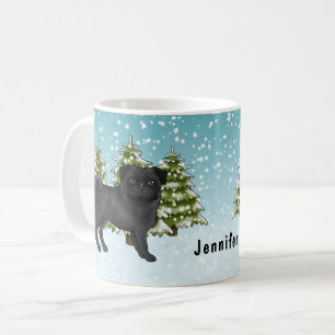 Caneca De Café Black Pug Cute Cartoon Dog Snowy Winter Forest
