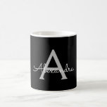 Caneca De Café Black Silver Modern Script Girly Monographic Name<br><div class="desc">Nome do monograma prateado e preto Copo ou Mug. Isto faz o doce e perfeito aniversário de 16 anos,  casamento,  chá de panela,  aniversário,  chá de fraldas ou festa de solteira presente para alguém que ama luxo de luxo e estilos quíticos.</div>